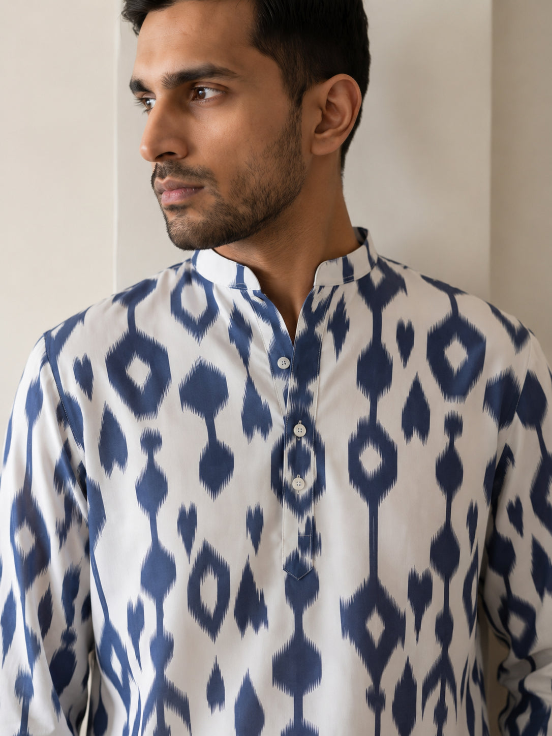 Men Cotton Blend Ikat Printed Kurta With Korean Pants ( 65KP PJ11W 5610Blue )