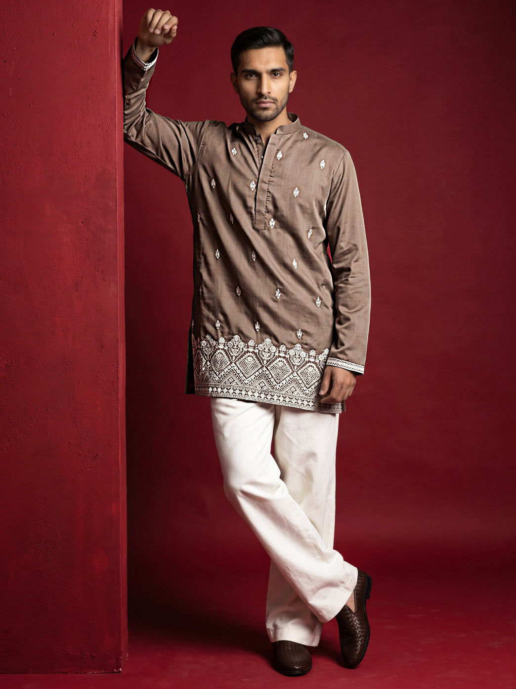 Cotton Blend Ethnic Embroidered Kurta With Korean Pants ( 65KP PJ11W 5611Brown )
