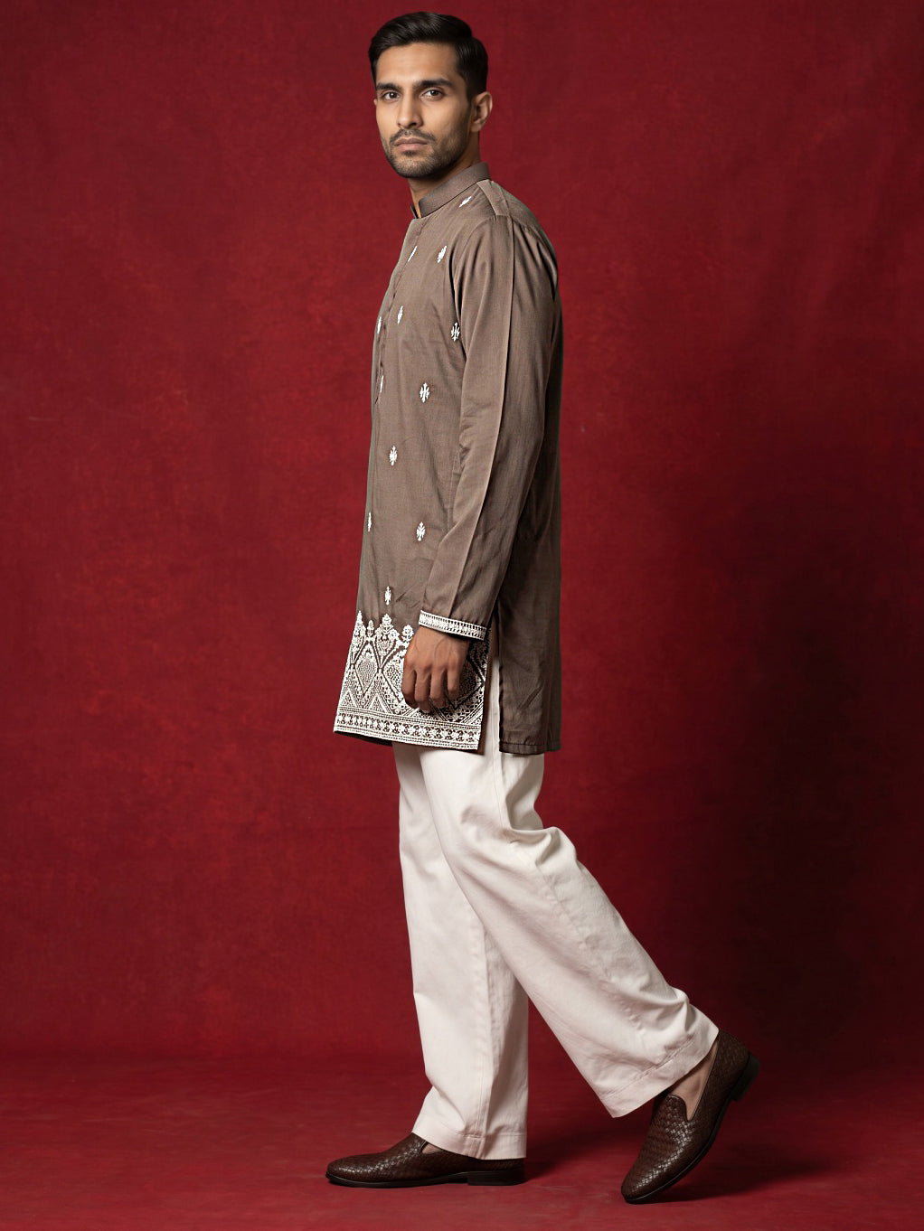 Cotton Blend Ethnic Embroidered Kurta With Korean Pants ( 65KP PJ11W 5611Brown )