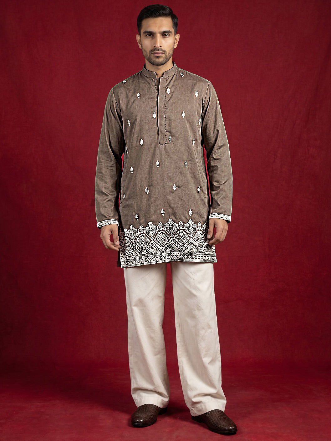 Cotton Blend Ethnic Embroidered Kurta With Korean Pants ( 65KP PJ11W 5611Brown )