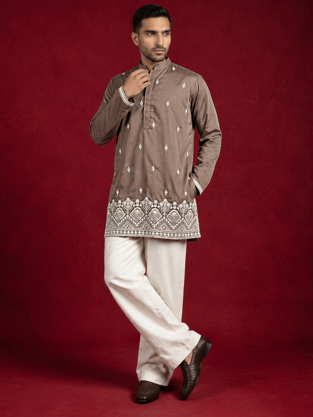Cotton Blend Ethnic Embroidered Kurta With Korean Pants ( 65KP PJ11W 5611Brown )
