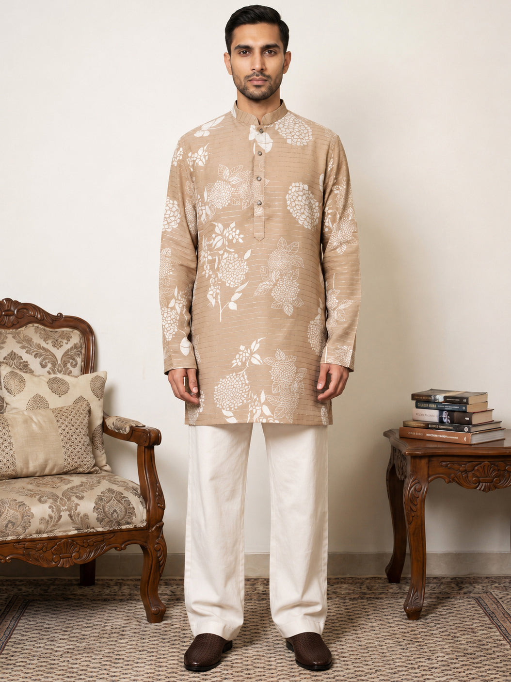 Cotton Blend Printed & Thread Work Kurta With Korean Pants ( 65KP PJ11W 5612Beige )