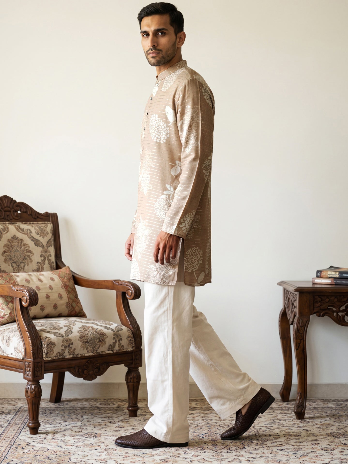 Cotton Blend Printed & Thread Work Kurta With Korean Pants ( 65KP PJ11W 5612Beige )