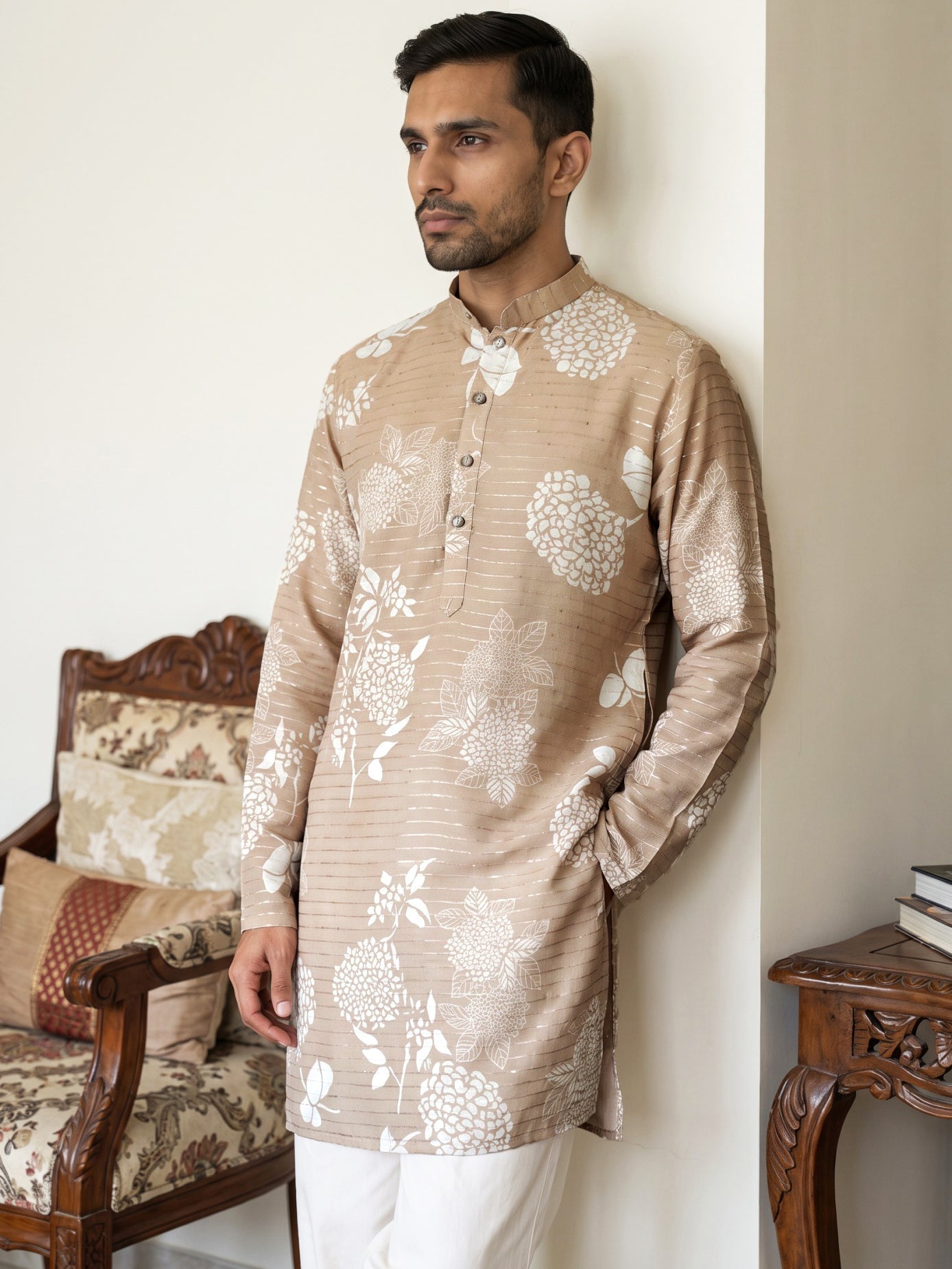 Cotton Blend Printed & Thread Work Kurta With Korean Pants ( 65KP PJ11W 5612Beige )