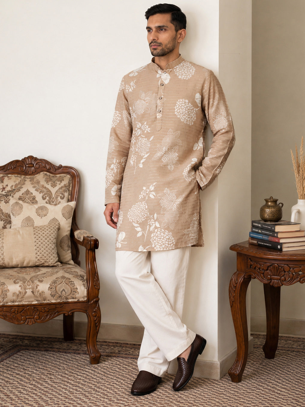 Cotton Blend Printed & Thread Work Kurta With Korean Pants ( 65KP PJ11W 5612Beige )
