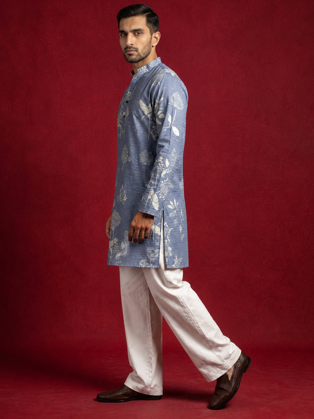Cotton Blend Printed & Thread Work Kurta With Korean Pants ( 65KP PJ11W 5612Blue )