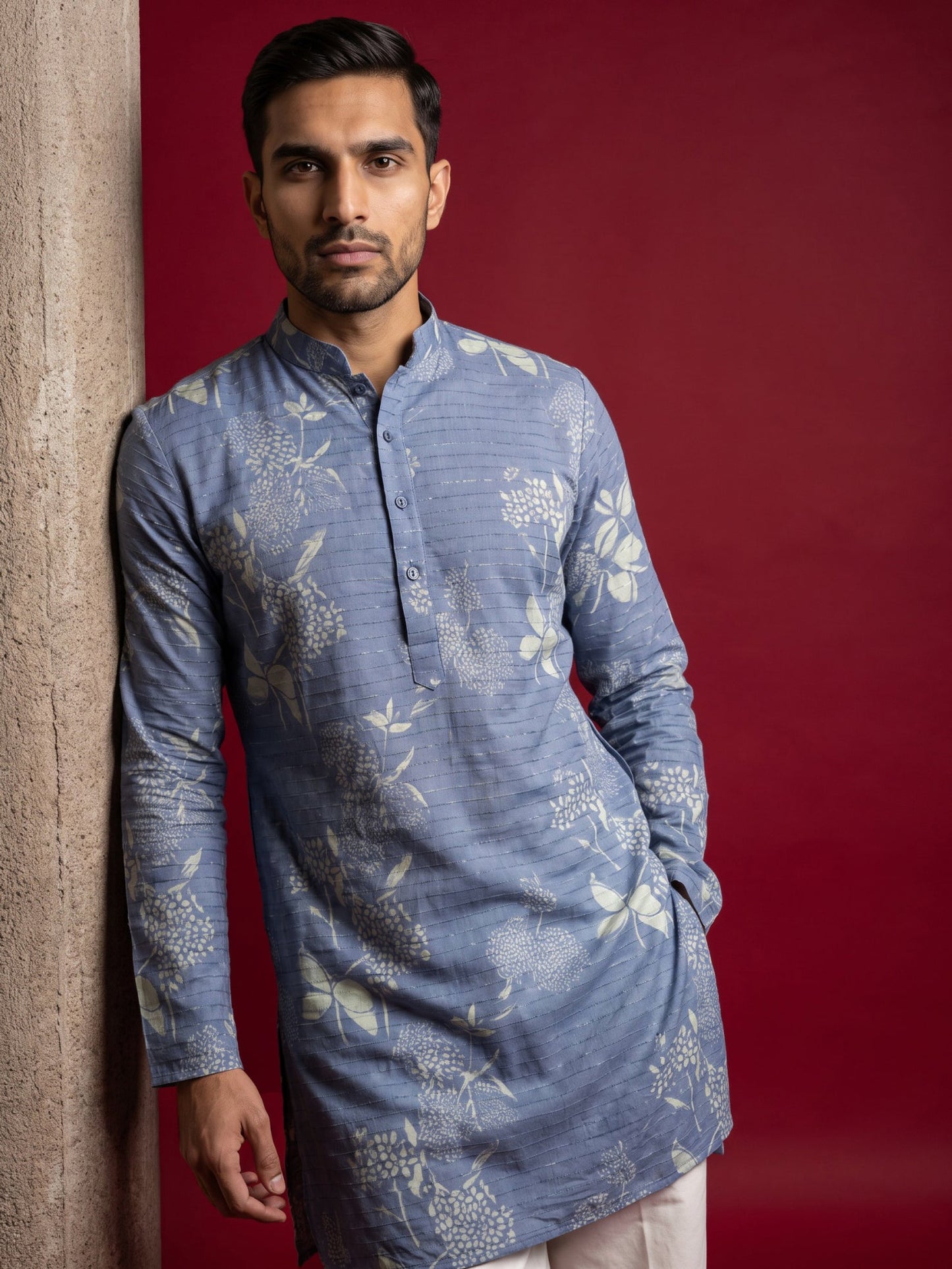 Cotton Blend Printed & Thread Work Kurta With Korean Pants ( 65KP PJ11W 5612Blue )