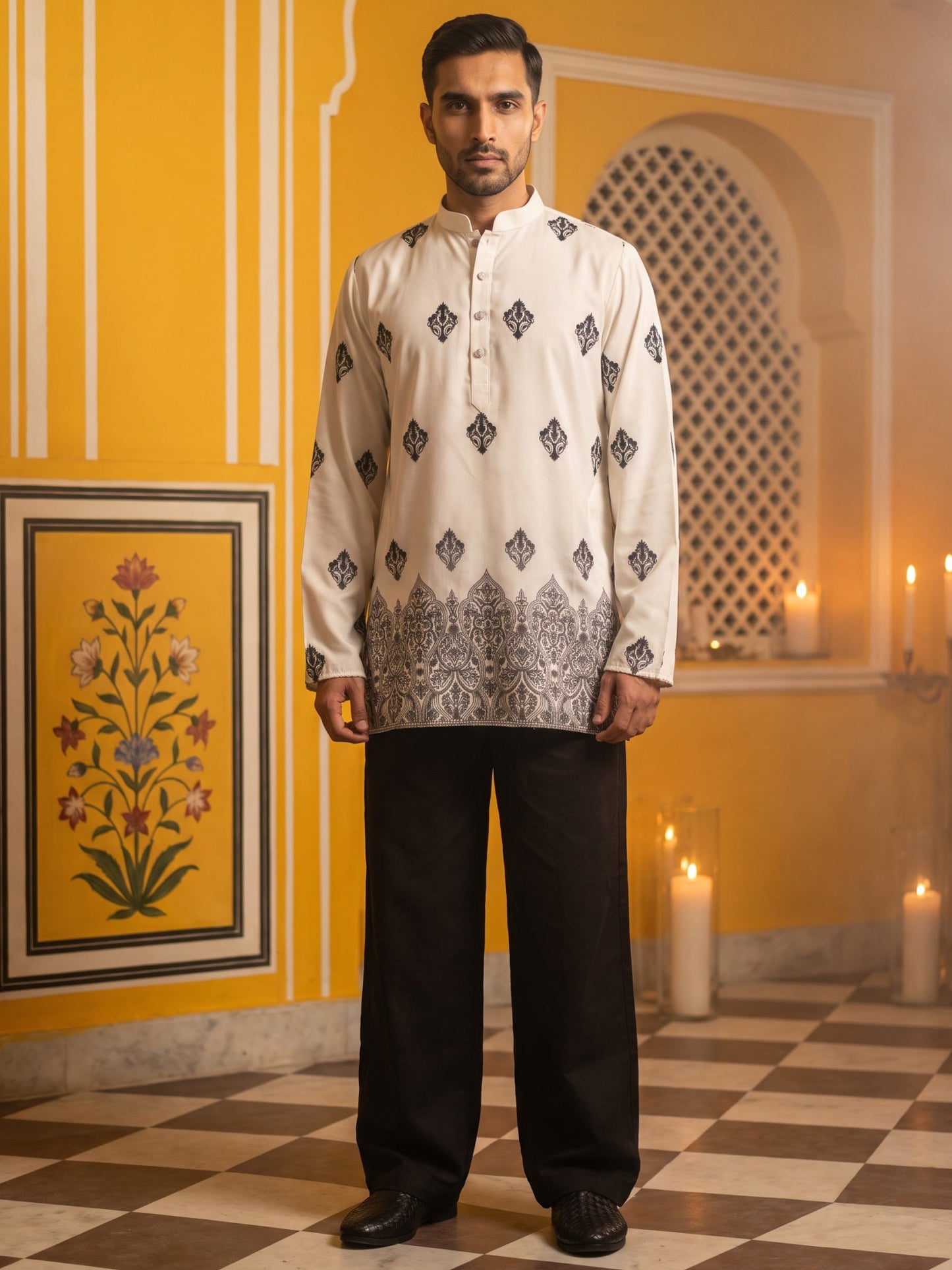 Cotton Blend Ethnic Printed Kurta With Korean Pants ( 65KP PJ11B 5614White )