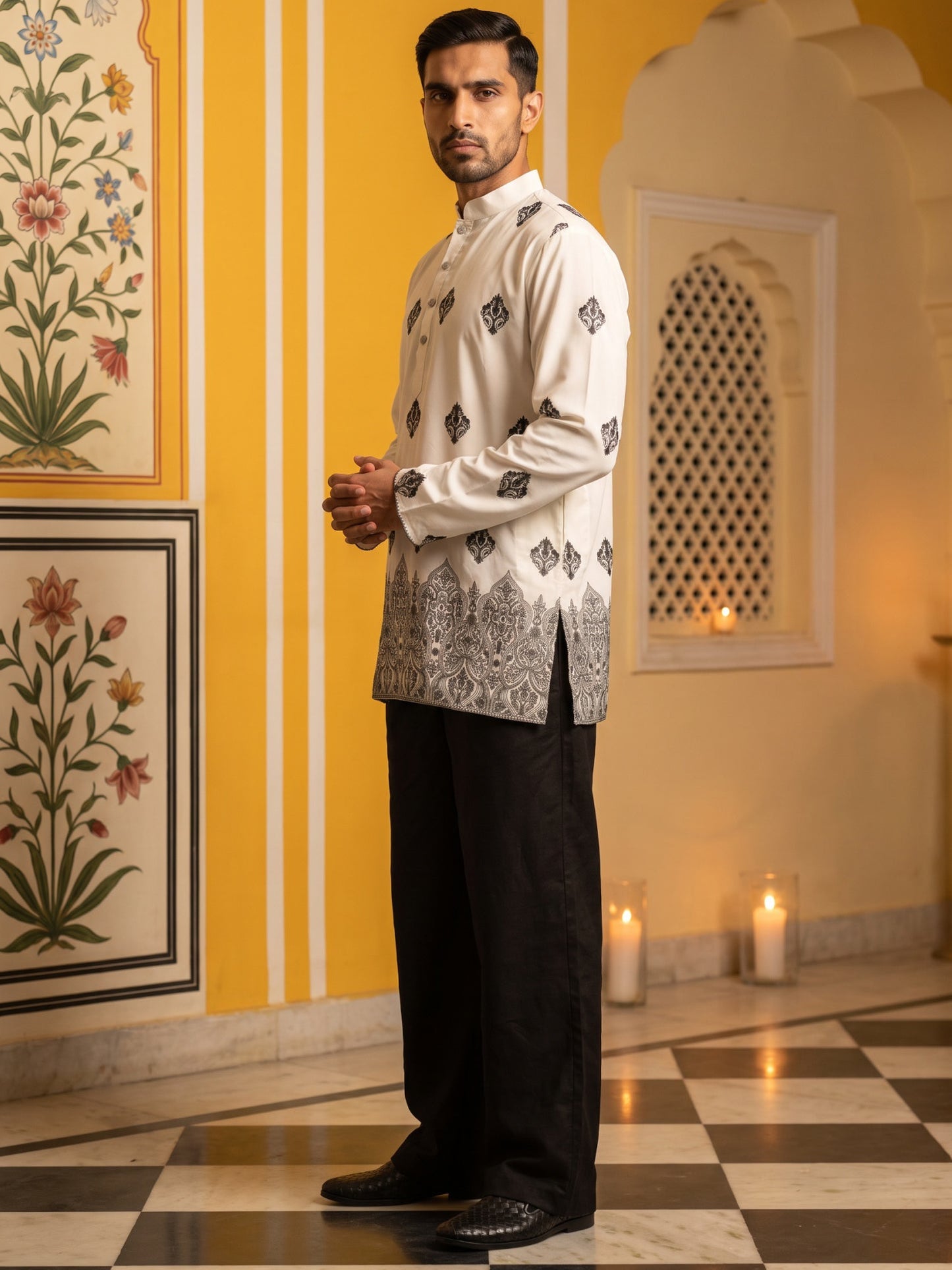Cotton Blend Ethnic Printed Kurta With Korean Pants ( 65KP PJ11B 5614White )