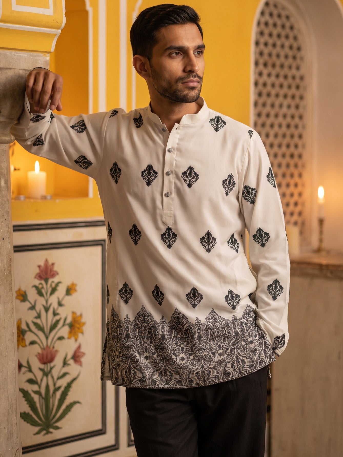 Cotton Blend Ethnic Printed Kurta With Korean Pants ( 65KP PJ11B 5614White )