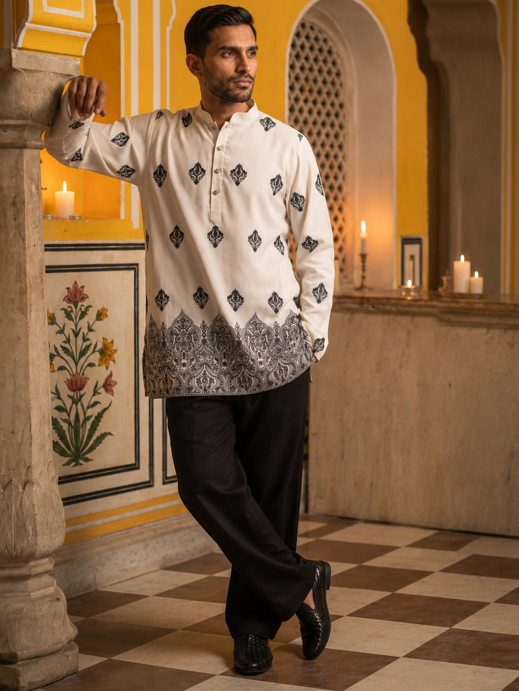 Cotton Blend Ethnic Printed Kurta With Korean Pants ( 65KP PJ11B 5614White )