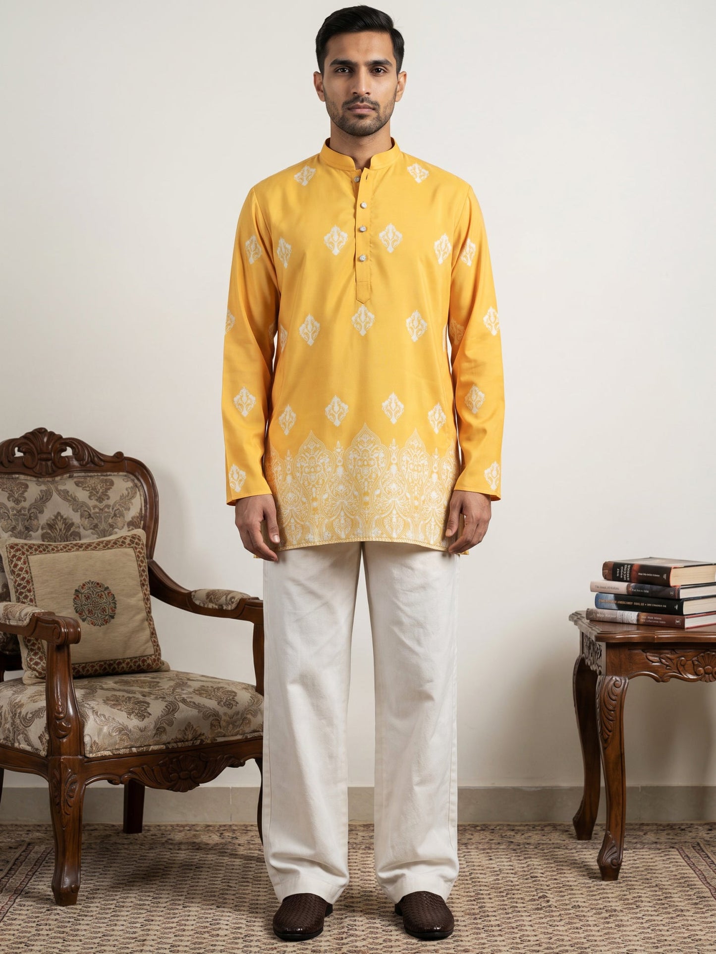 Cotton Blend Ethnic Printed Kurta With Korean Pants ( 65KP PJ11W 5614Yellow )