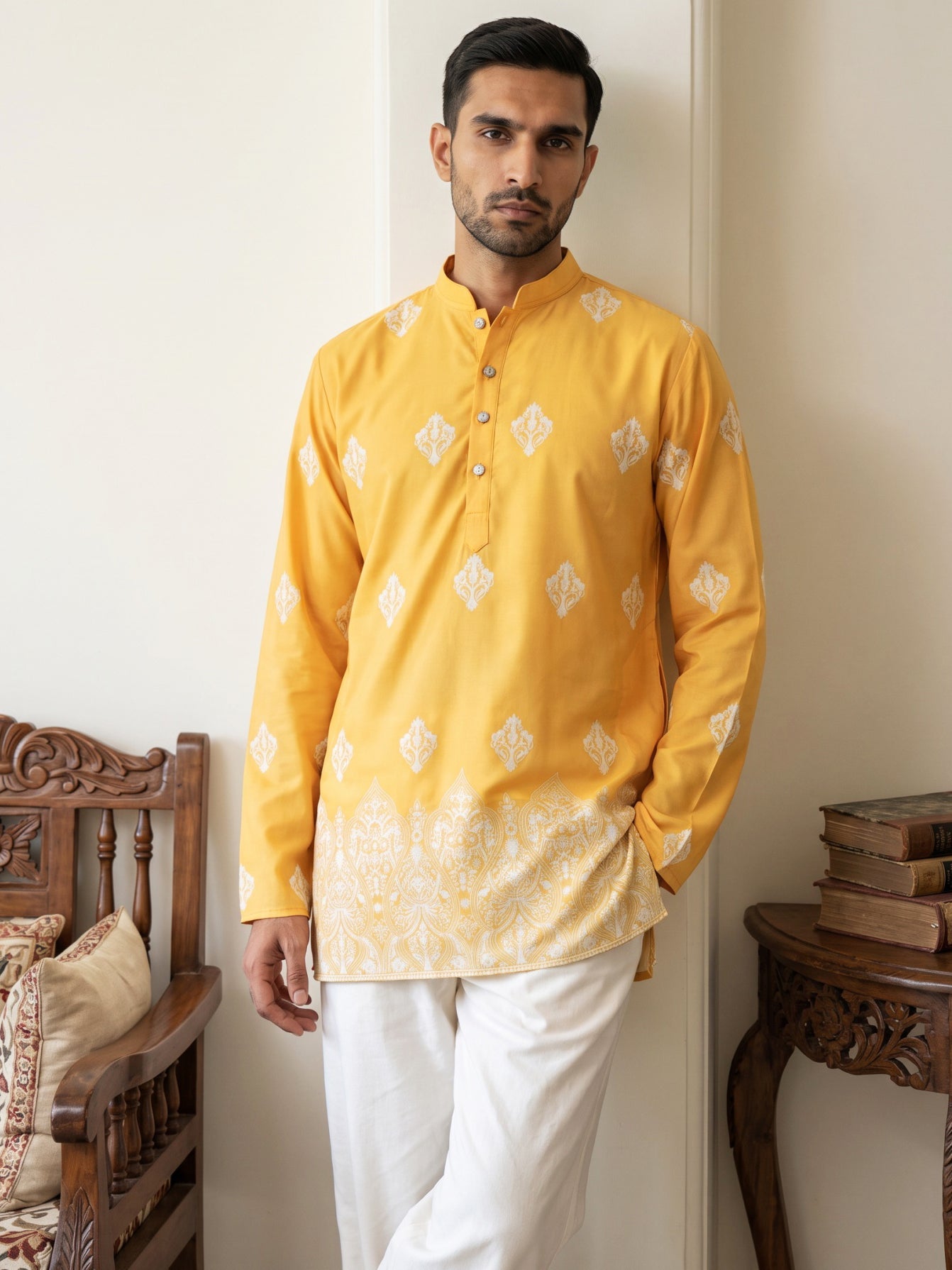 Cotton Blend Ethnic Printed Kurta With Korean Pants ( 65KP PJ11W 5614Yellow )