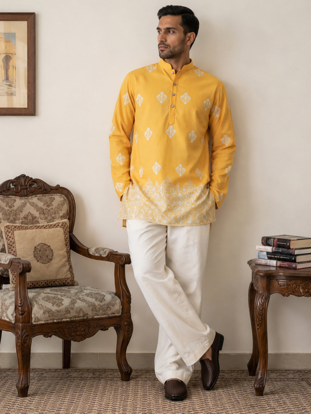 Cotton Blend Ethnic Printed Kurta With Korean Pants ( 65KP PJ11W 5614Yellow )