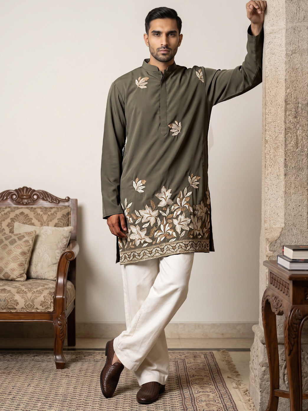 Men's Japanese Fabric Designer Embroidered Kurta With Korean Pants ( 65KP PJ11W 5615Grey )