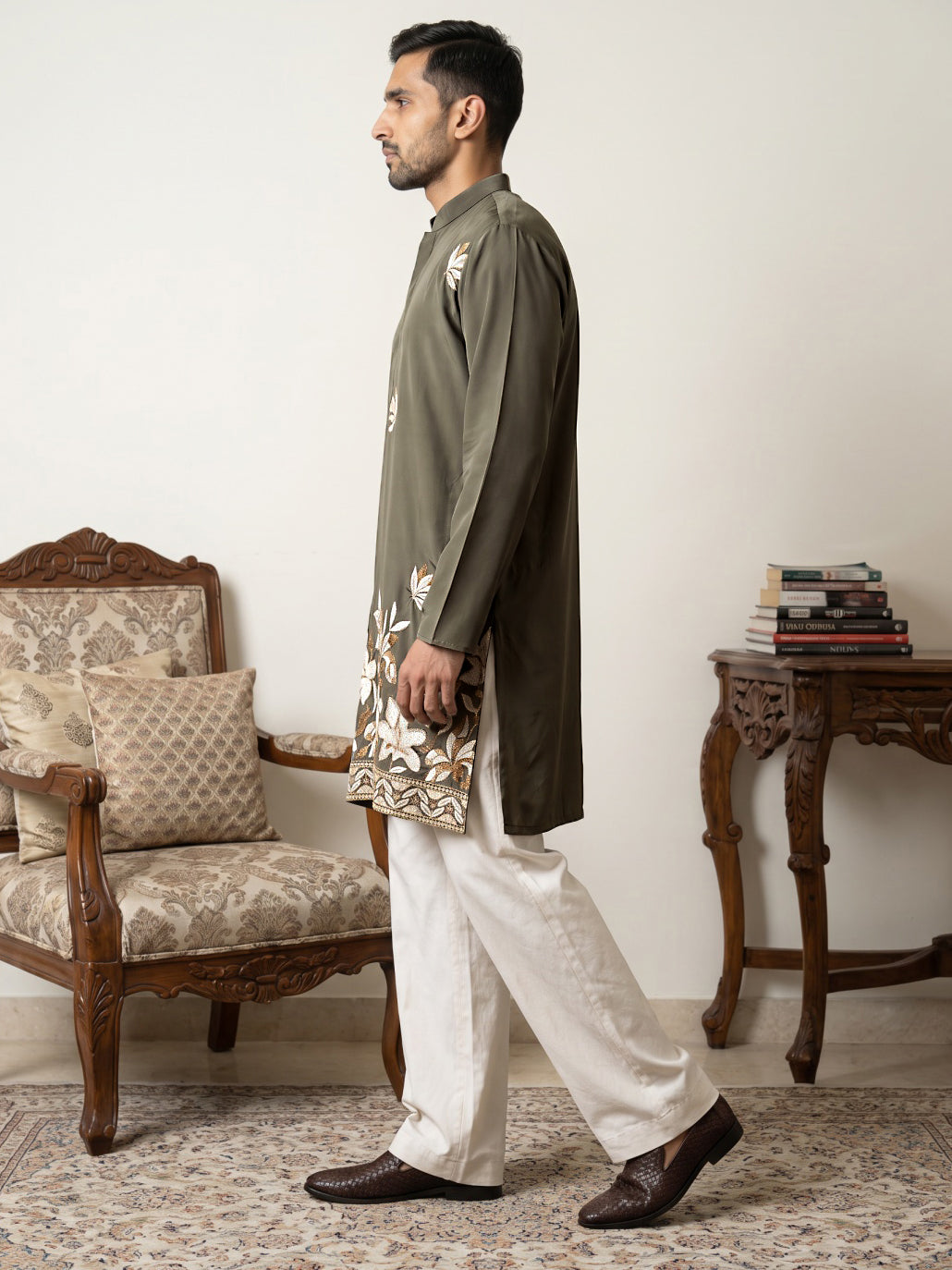 Men's Japanese Fabric Designer Embroidered Kurta With Korean Pants ( 65KP PJ11W 5615Grey )
