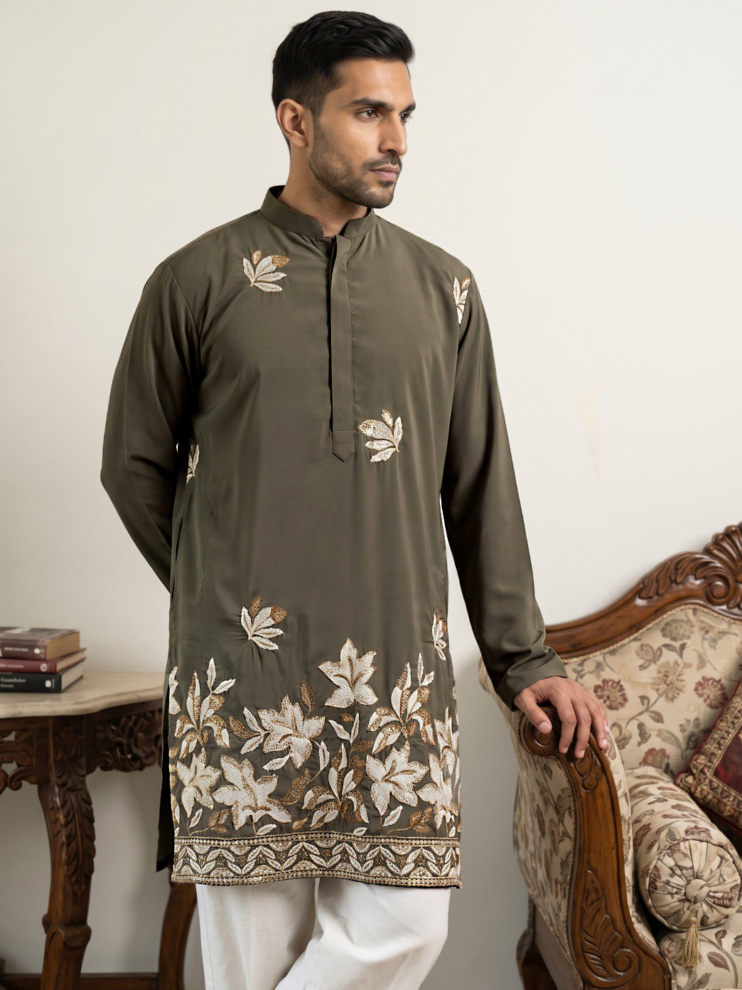 Men's Japanese Fabric Designer Embroidered Kurta With Korean Pants ( 65KP PJ11W 5615Grey )