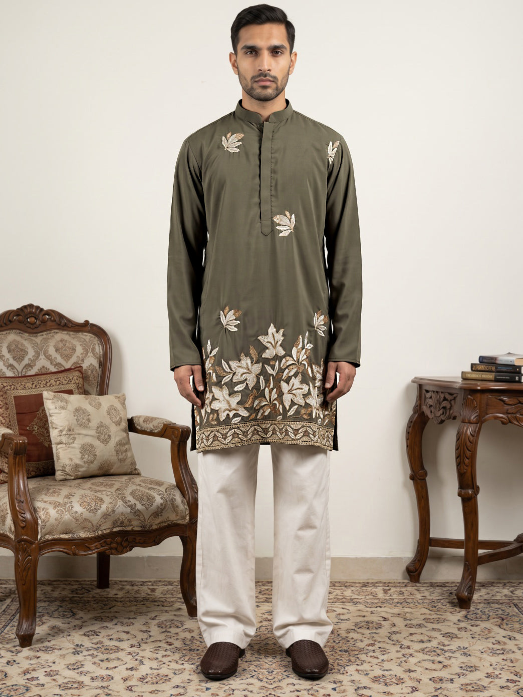 Men's Japanese Fabric Designer Embroidered Kurta With Korean Pants ( 65KP PJ11W 5615Grey )