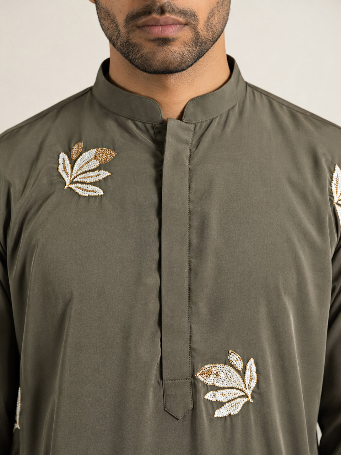 Men's Japanese Fabric Designer Embroidered Kurta With Korean Pants ( 65KP PJ11W 5615Grey )