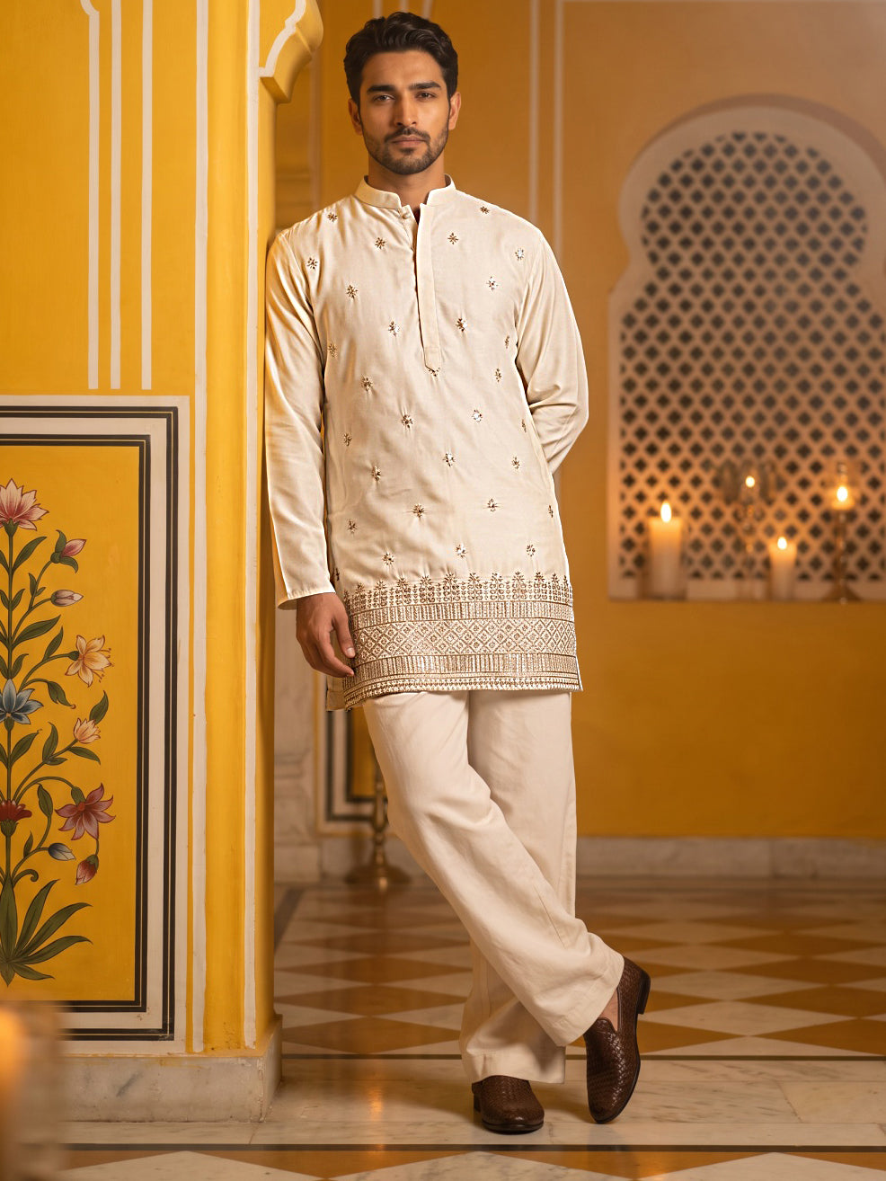 Japanese Fabric Ethnic Embroidered Kurta With Korean Pants for Men ( 65KP PJ11W 5616Cream )