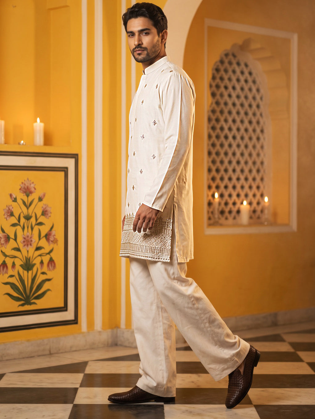 Japanese Fabric Ethnic Embroidered Kurta With Korean Pants for Men ( 65KP PJ11W 5616Cream )