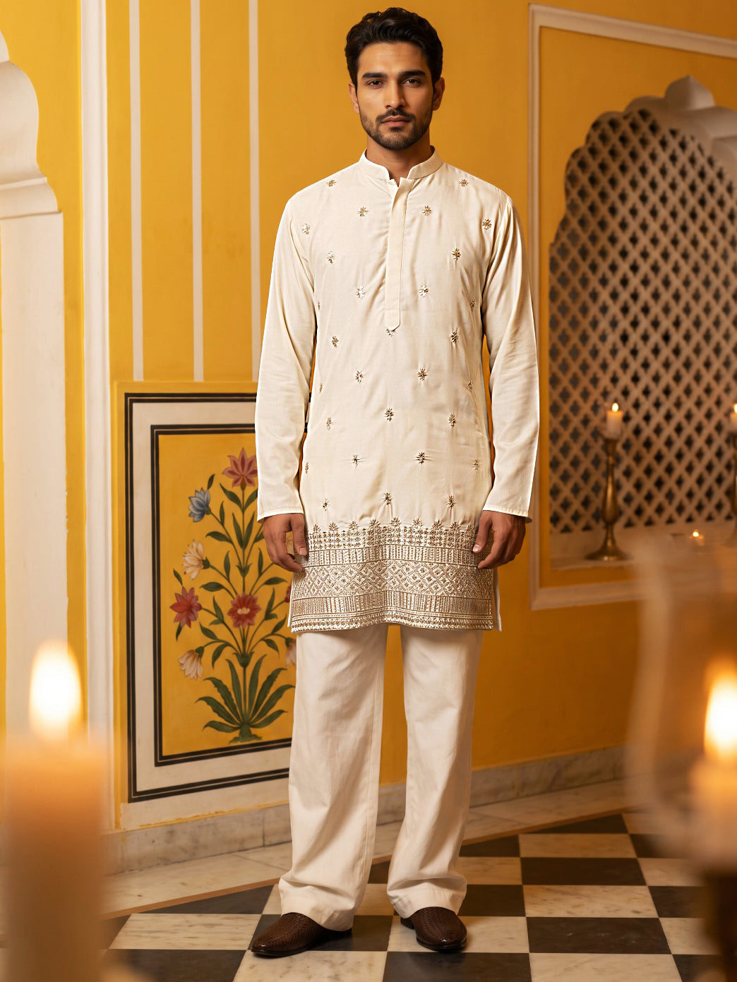 Japanese Fabric Ethnic Embroidered Kurta With Korean Pants for Men ( 65KP PJ11W 5616Cream )