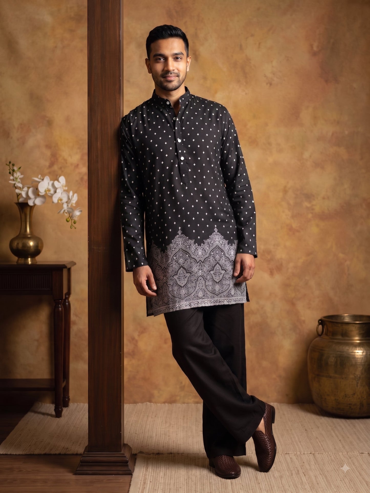 Printed Cotton Blend Kurta Korean Pants Set ( 65KP PJ11B 5622Black )