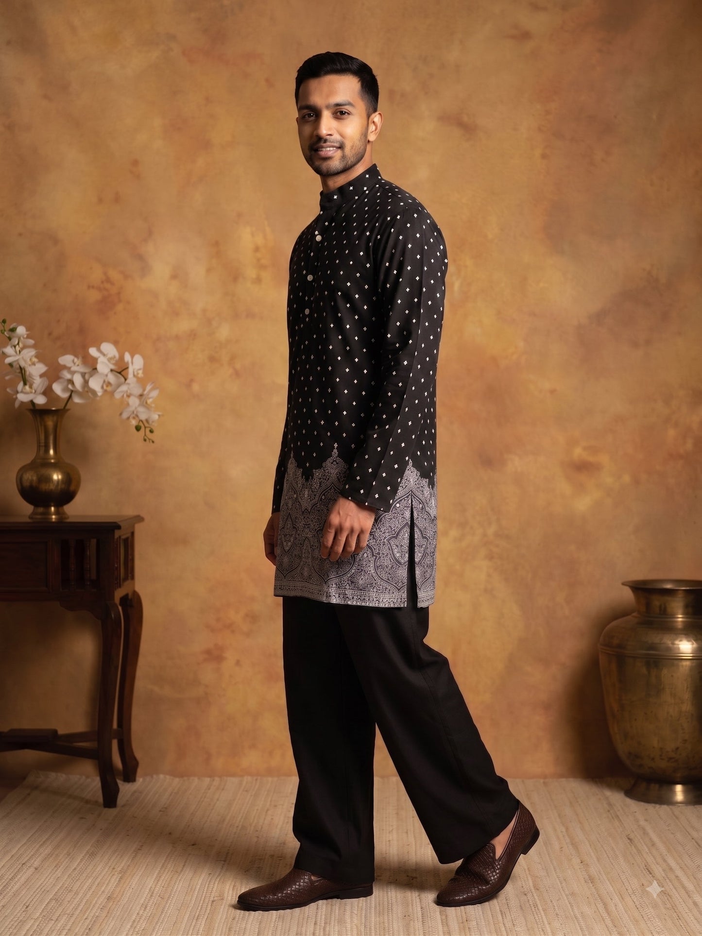 Printed Cotton Blend Kurta Korean Pants Set ( 65KP PJ11B 5622Black )
