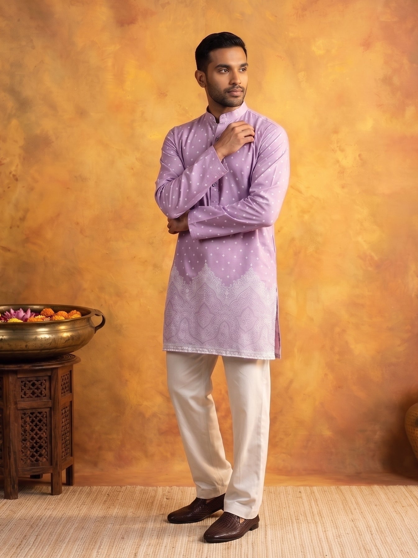 Printed Cotton Blend Kurta Korean Pants Set ( 65KP PJ11W 5622Purple )
