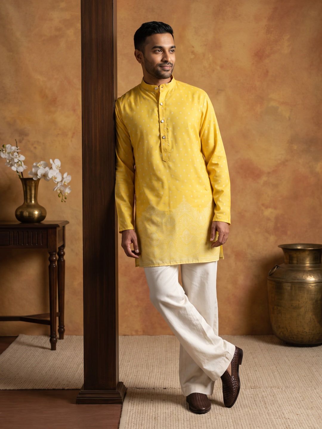 Printed Cotton Blend Kurta Korean Pants Set ( 65KP PJ11W 5622Yellow )