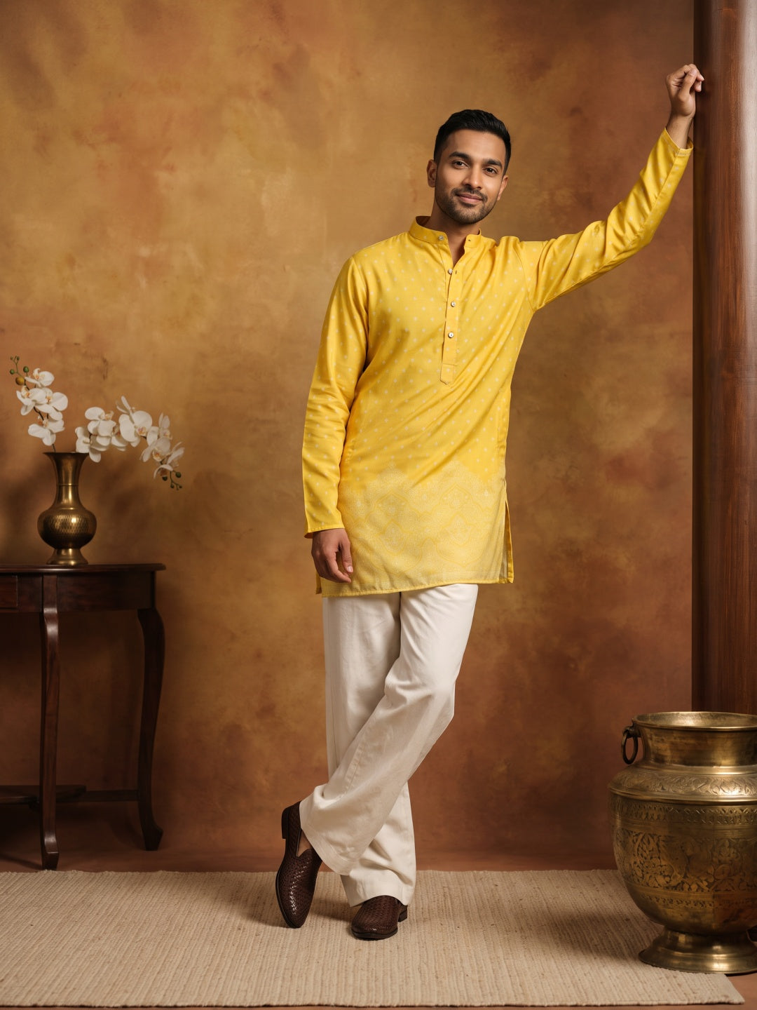 Printed Cotton Blend Kurta Korean Pants Set ( 65KP PJ11W 5622Yellow )