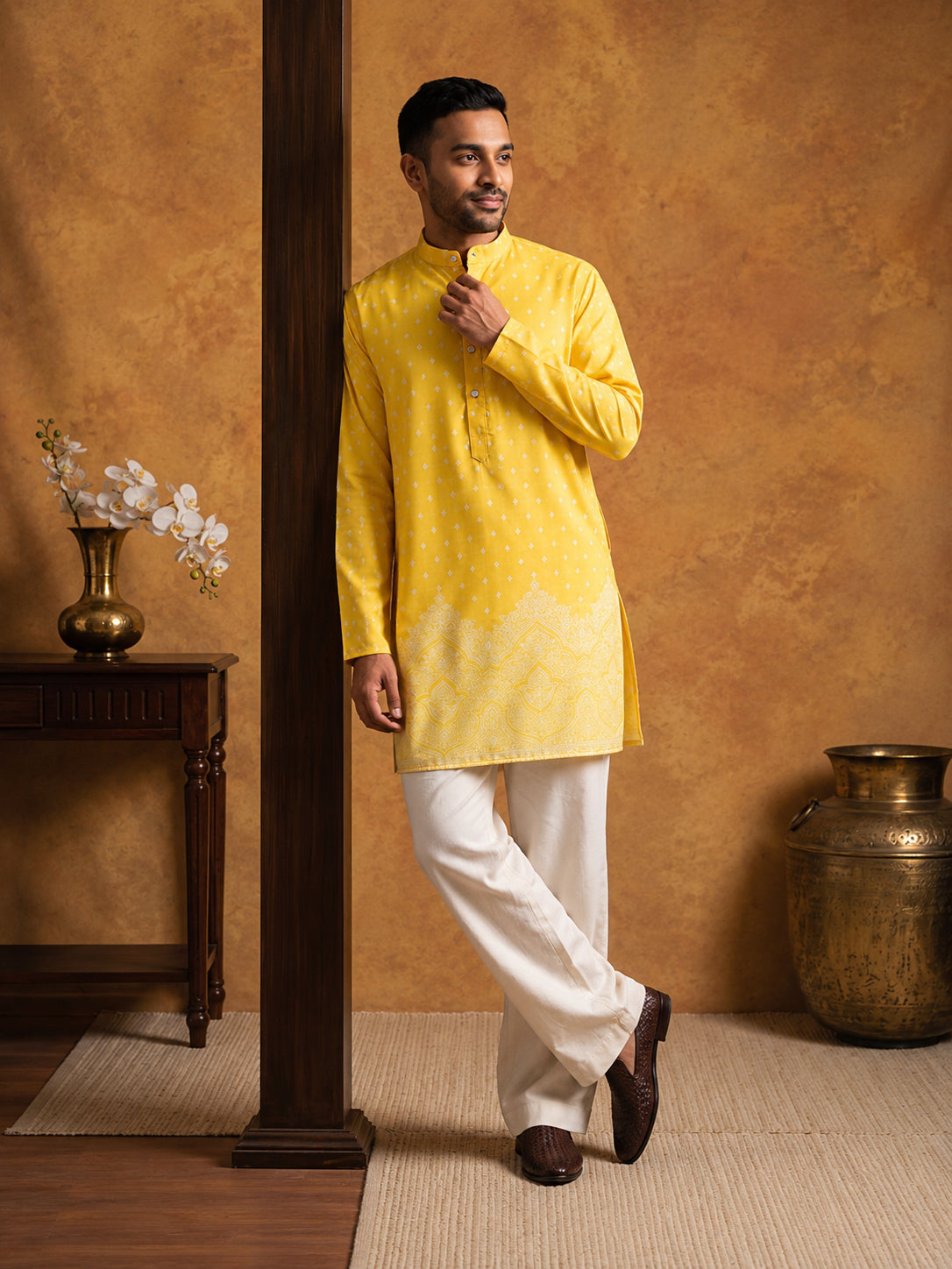 Printed Cotton Blend Kurta Korean Pants Set ( 65KP PJ11W 5622Yellow )