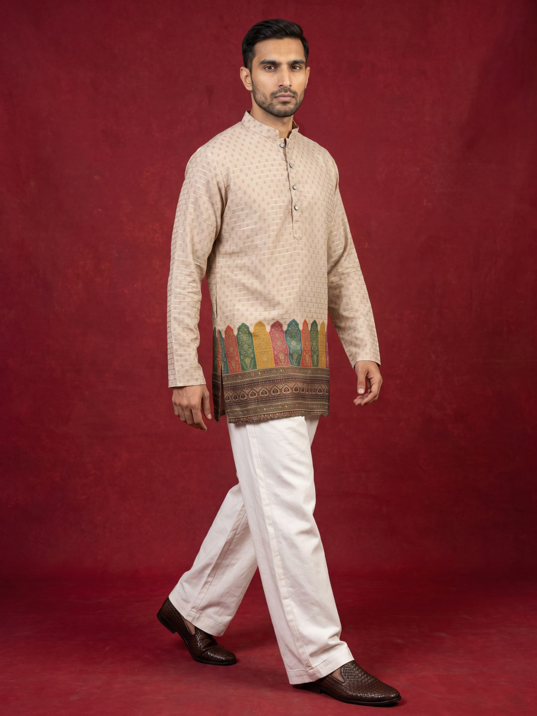 Cotton Blend Printed & Thread Work Kurta with Korean Pants ( 65KP PJ11W 5623Beige )
