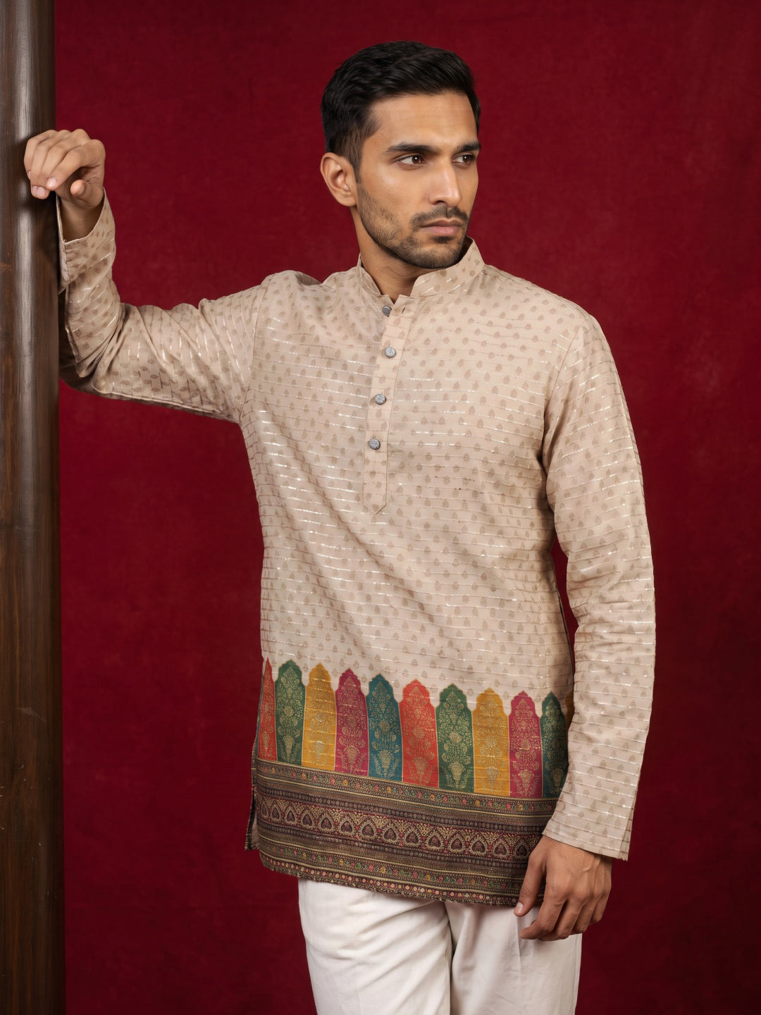 Cotton Blend Printed & Thread Work Kurta with Korean Pants ( 65KP PJ11W 5623Beige )