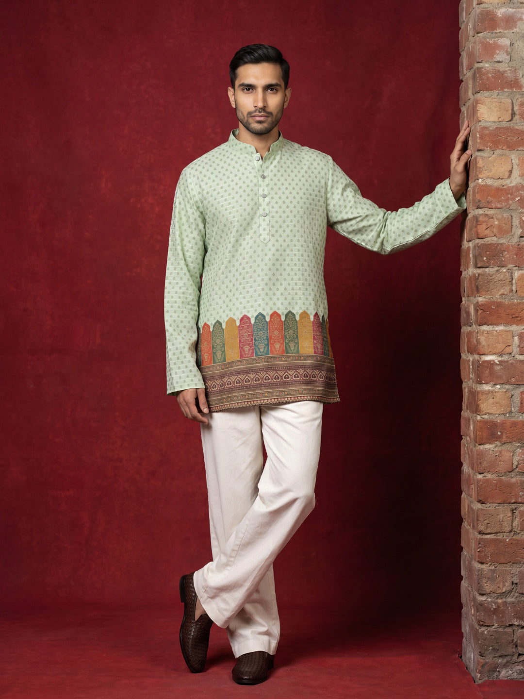 Cotton Blend Printed & Thread Work Kurta with Korean Pants ( 65KP PJ11W 5623Pista )