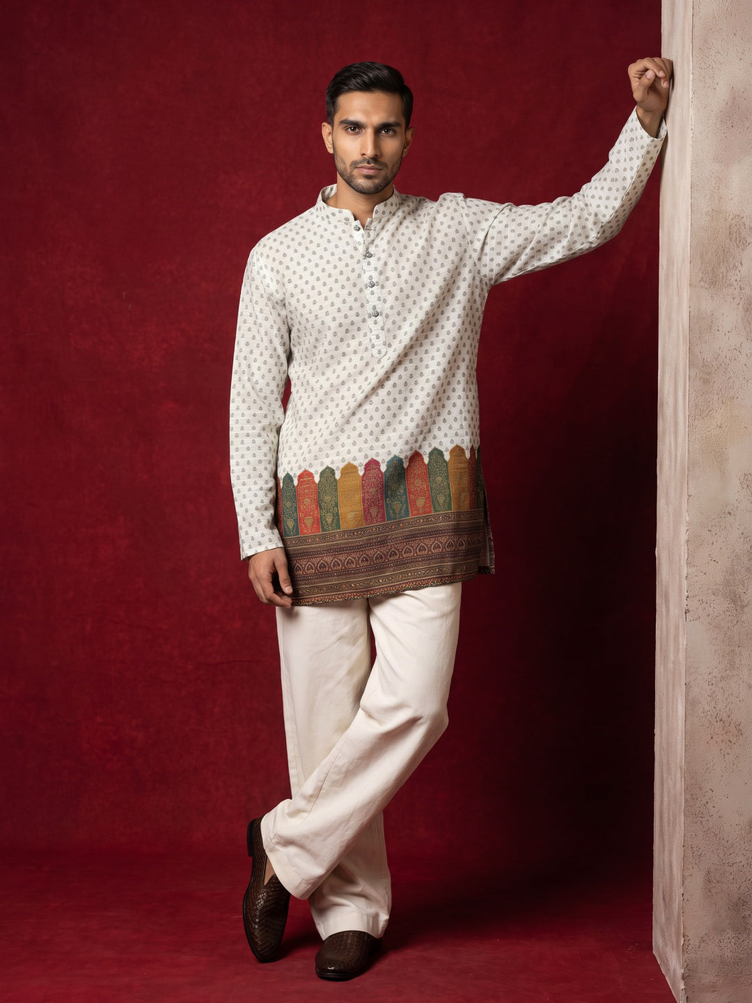 Cotton Blend Printed & Thread Work Kurta with Korean Pants ( 65KP PJ11W 5623White )
