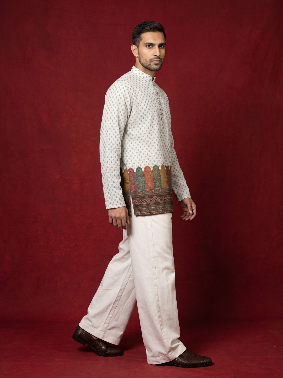 Cotton Blend Printed & Thread Work Kurta with Korean Pants ( 65KP PJ11W 5623White )