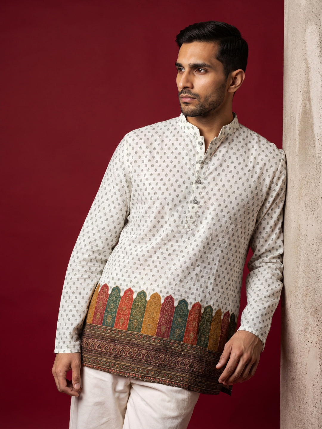 Cotton Blend Printed & Thread Work Kurta with Korean Pants ( 65KP PJ11W 5623White )