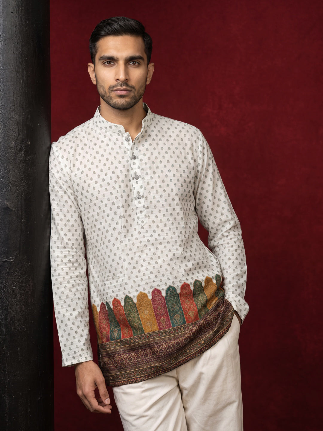 Cotton Blend Printed & Thread Work Kurta with Korean Pants ( 65KP PJ11W 5623White )