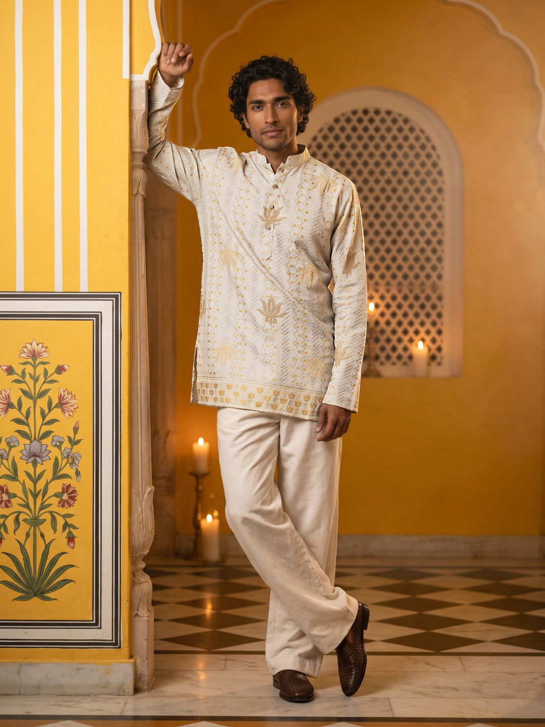 Cotton Blend Printed & Thread Work Kurta with Korean Pants ( 65KP PJ11B 5625White )