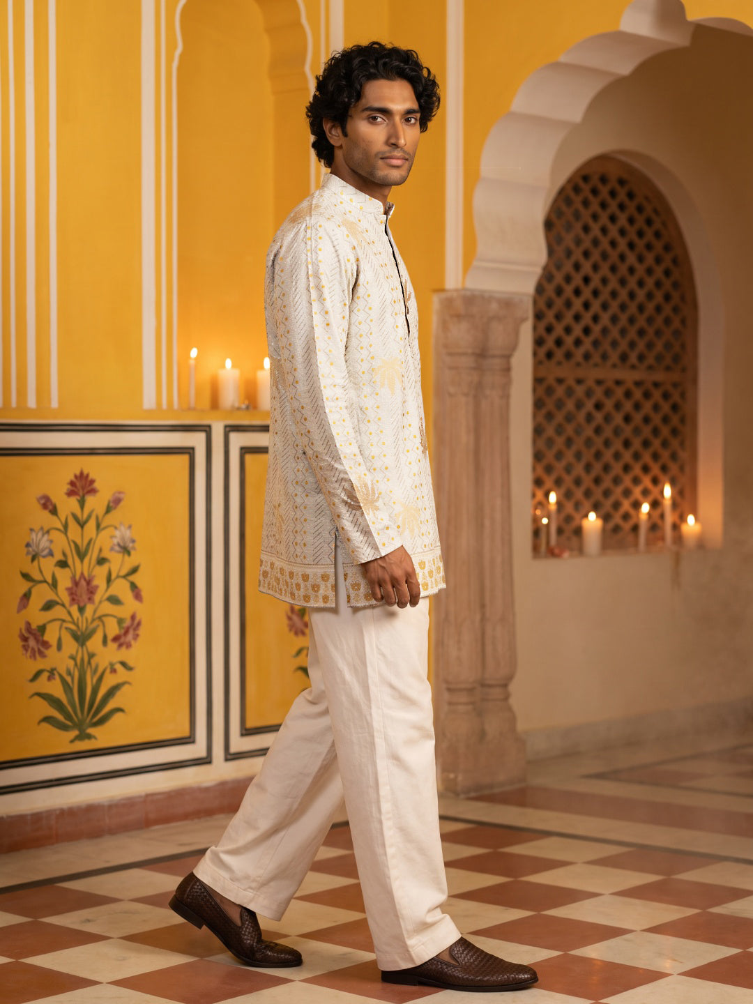 Cotton Blend Printed & Thread Work Kurta with Korean Pants ( 65KP PJ11B 5625White )