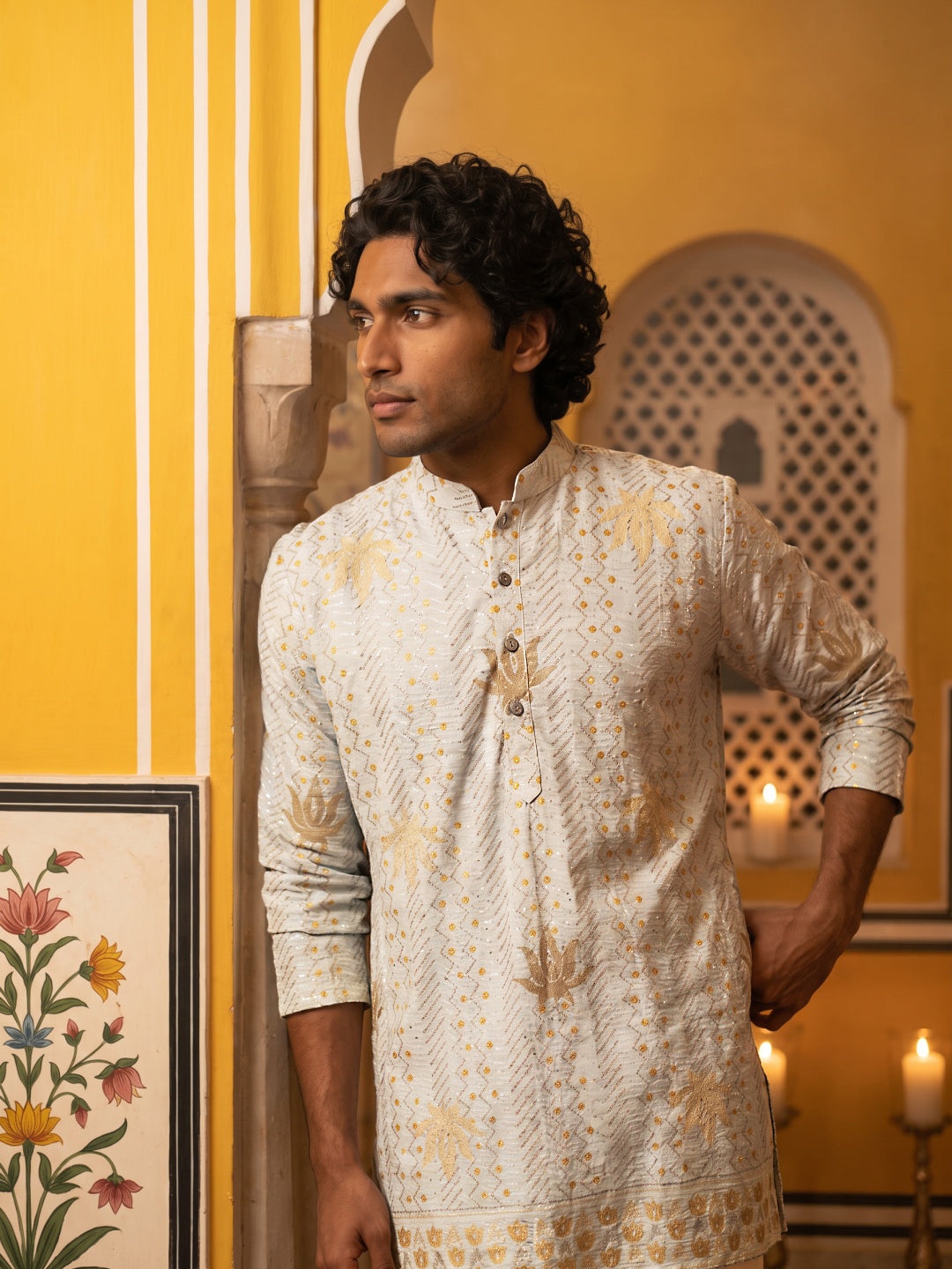 Cotton Blend Printed & Thread Work Kurta with Korean Pants ( 65KP PJ11B 5625White )