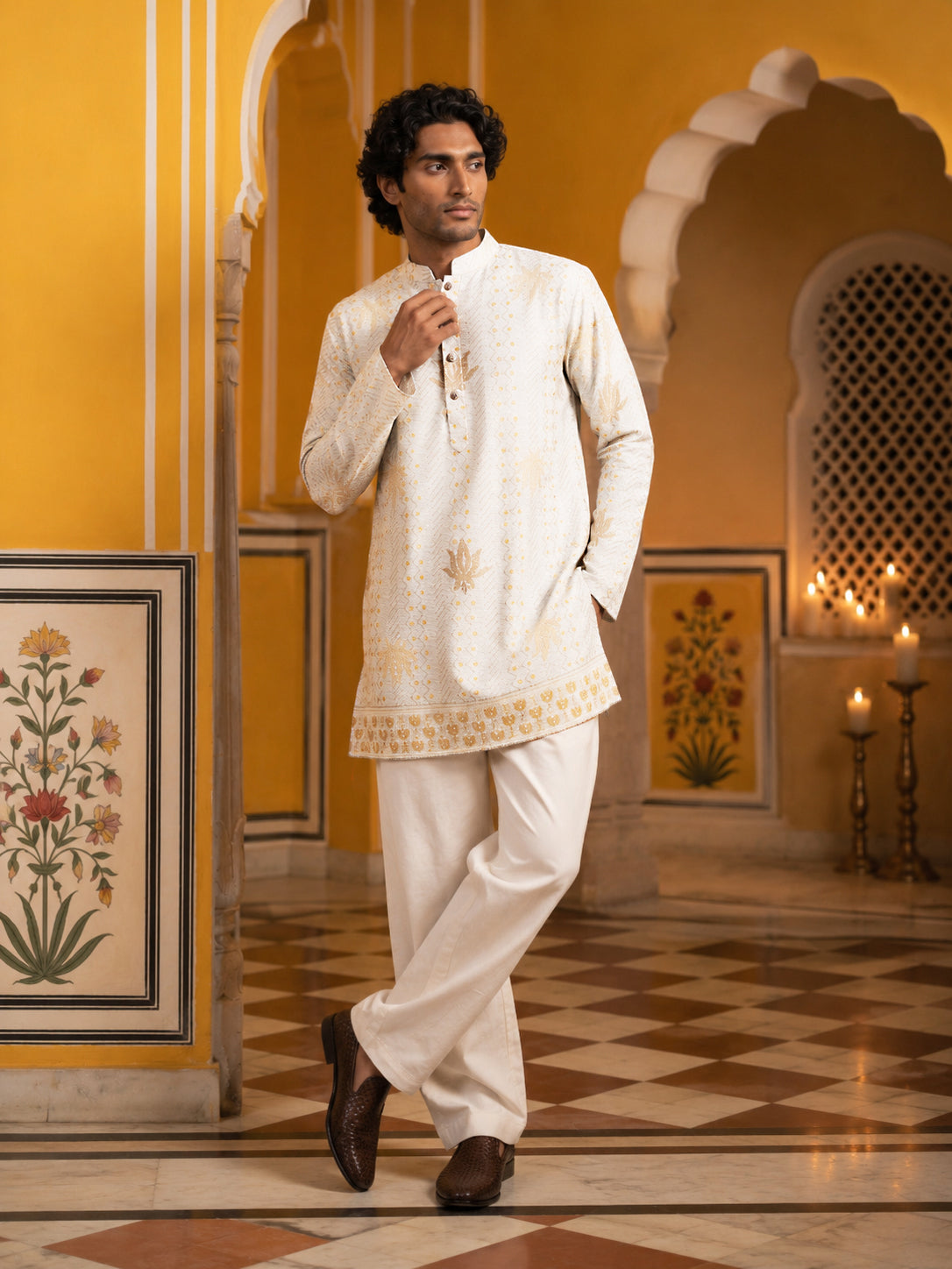 Cotton Blend Printed & Thread Work Kurta with Korean Pants ( 65KP PJ11B 5625White )