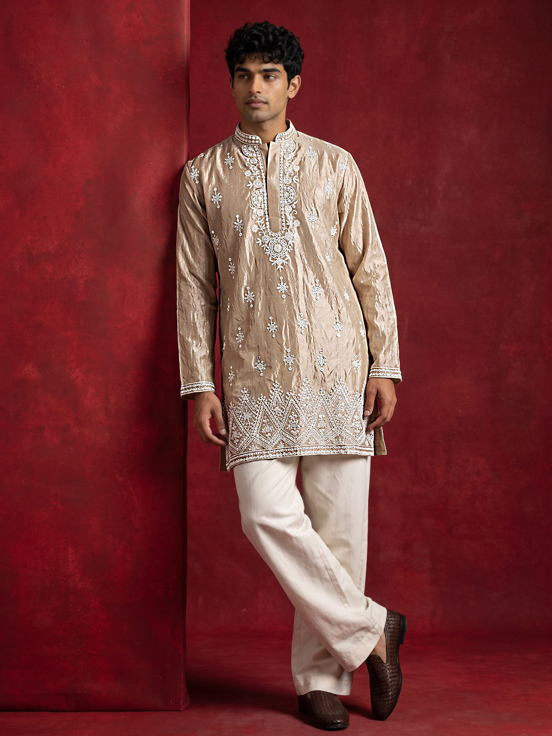 Silk Blend Embroidered Kurta with Korean Pants ( 65KP PJ11W 5626Beige )