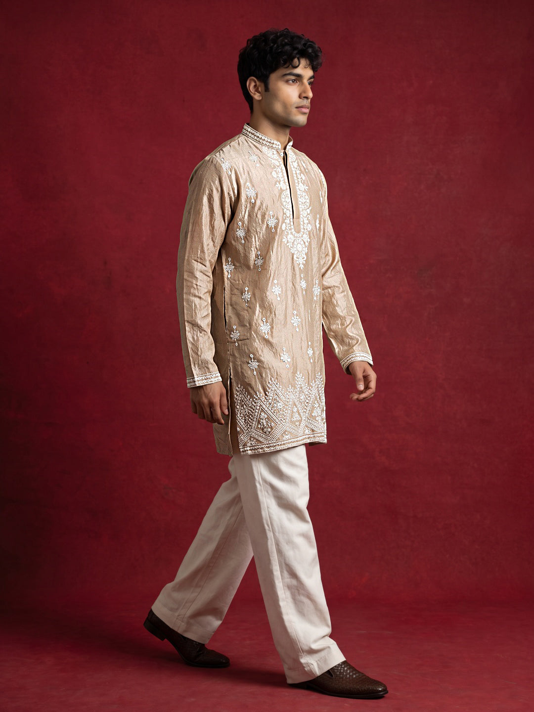 Silk Blend Embroidered Kurta with Korean Pants ( 65KP PJ11W 5626Beige )