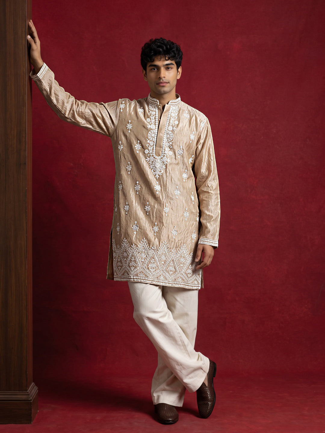 Silk Blend Embroidered Kurta with Korean Pants ( 65KP PJ11W 5626Beige )
