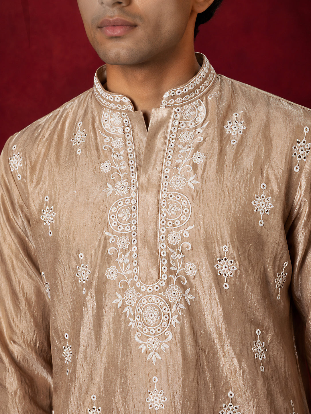 Silk Blend Embroidered Kurta with Korean Pants ( 65KP PJ11W 5626Beige )