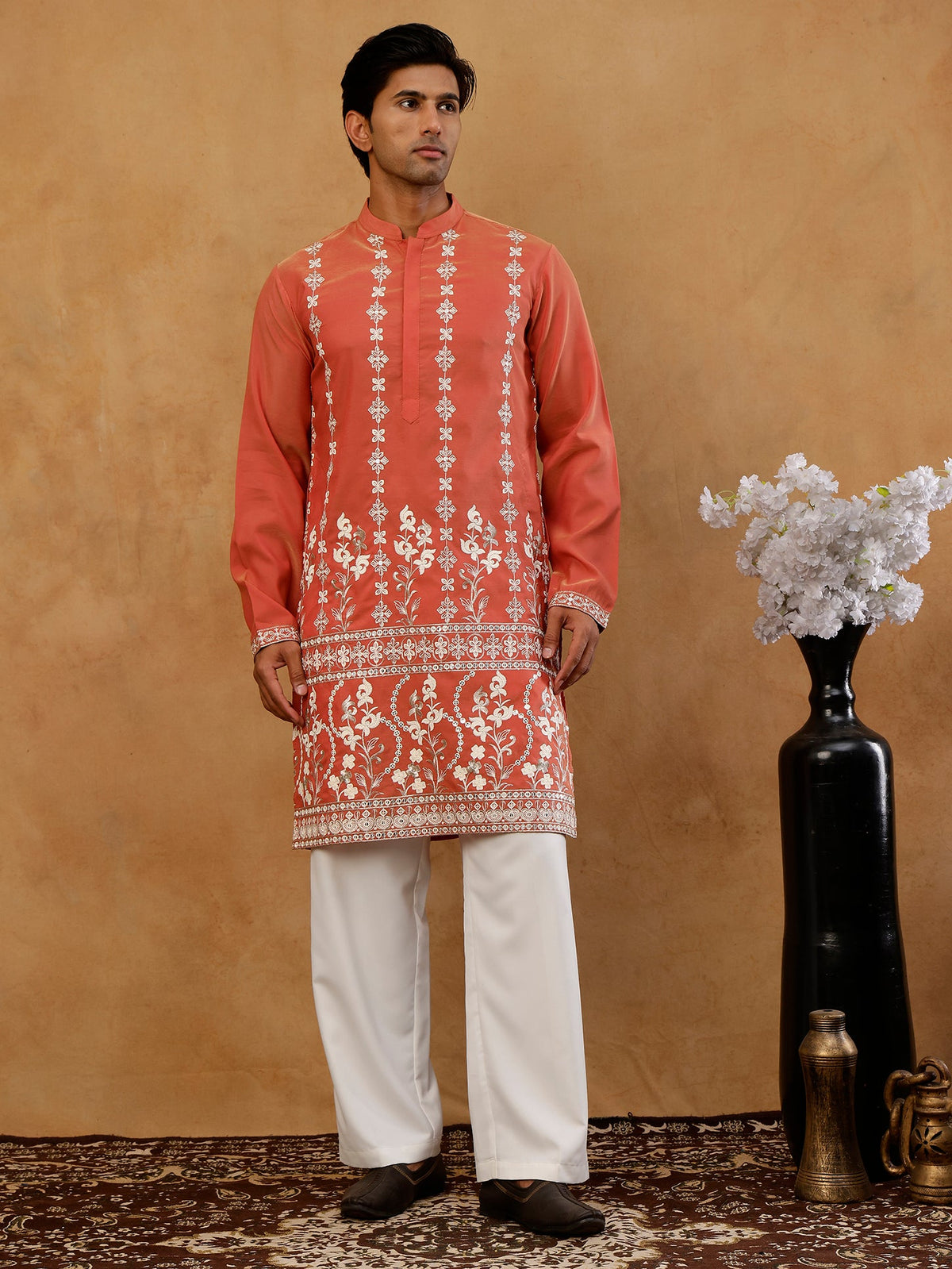 Floral Embroidered Kurta with Korean Pants ( 65KP PJ11W E 5628 Peach )