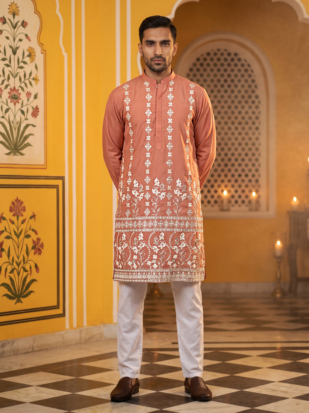 Floral Embroidered Kurta with Korean Pants ( 65KP 5628Peach )