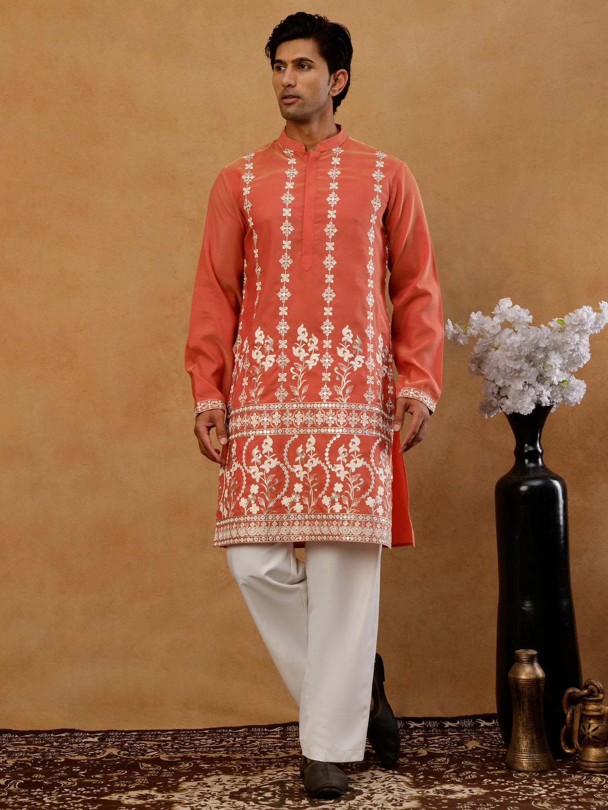 Floral Embroidered Kurta with Korean Pants ( 65KP PJ11W E 5628 Peach )